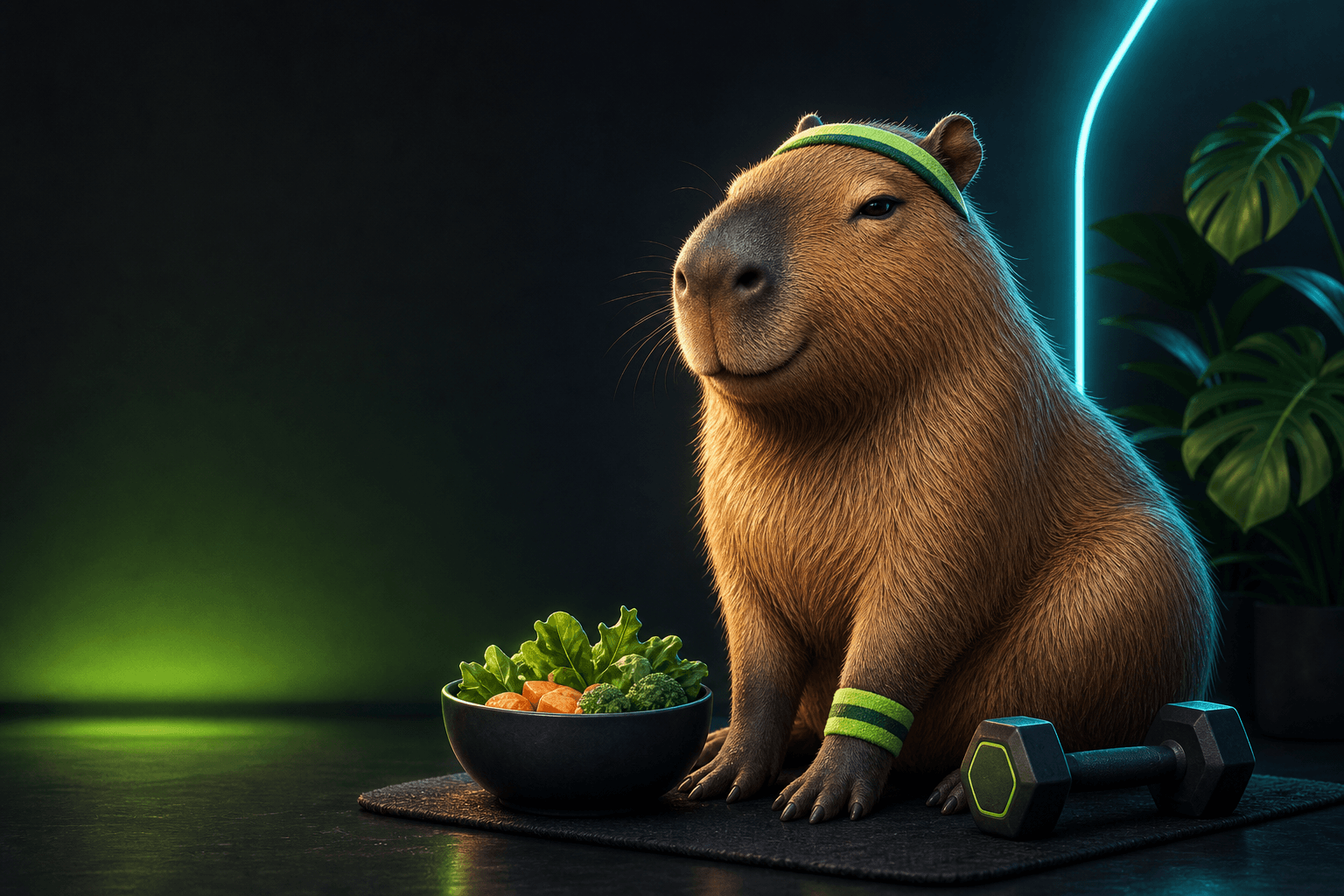 Capybara with a meal bowl and dumbbell